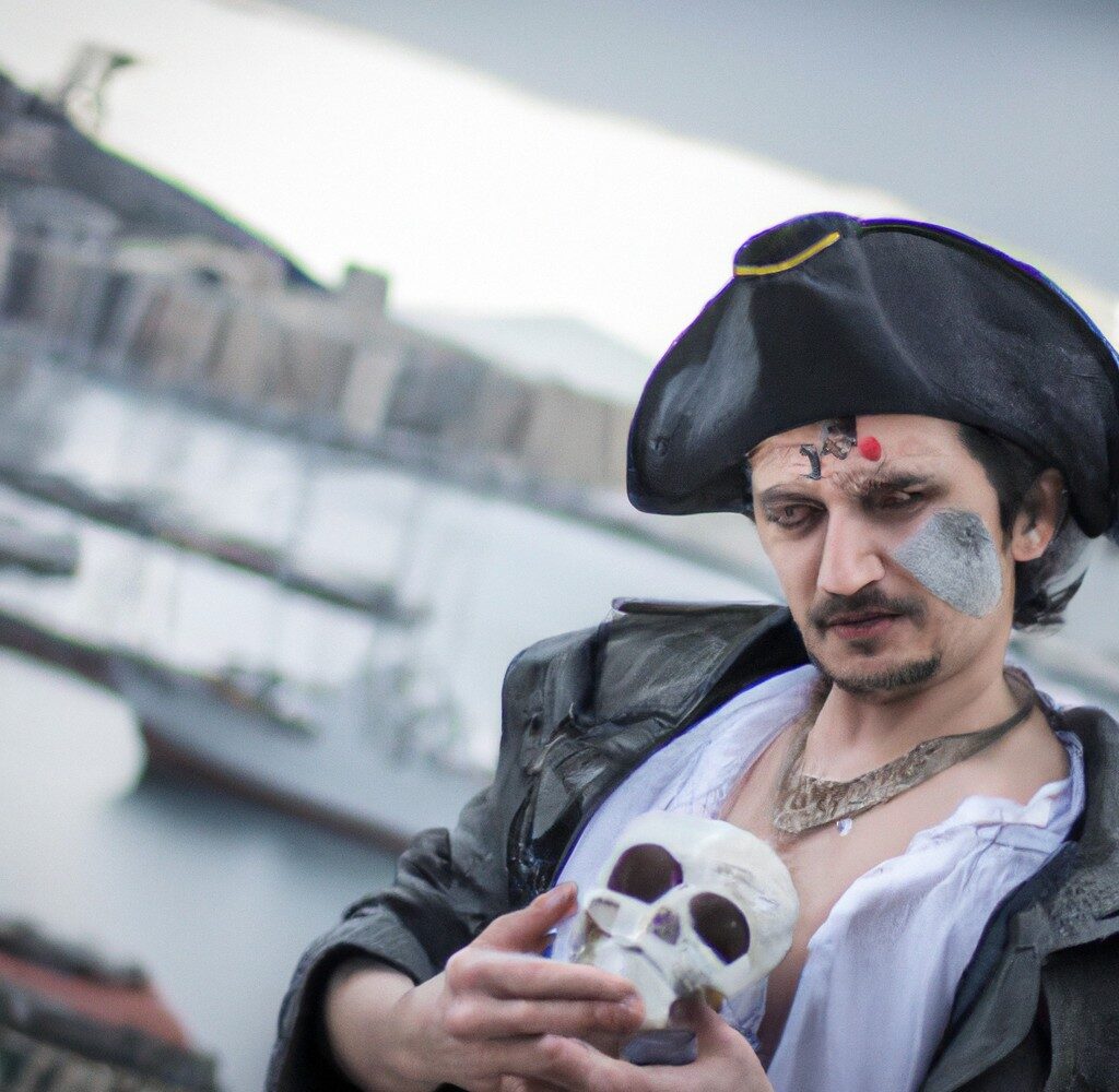 DALL·E 2022 08 31 15.29.12 la foto di un pirata malvagio che raccoglie un teschio nella citta di Napoli e1661952640288
