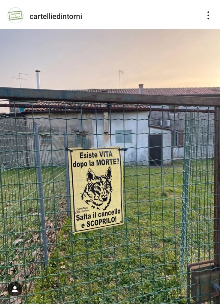 Il cartello che 'scherza' sul quesito circa la vita dopo la morte. Fonte: cartelliedintorni - Instagram