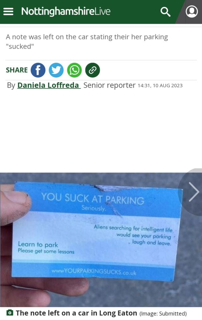 I bigliettini sul parabrezza con insulti esistono anche in Inghilterra. Fonte: Nottinghamshirelive