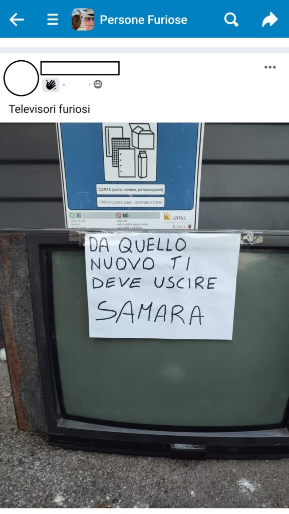 A Latina, qualcuno ha lasciato un televisore abbandonat per strada e un concittadino gli ha fatto questo augurio. Fonte: Gruppo Facebook 'Persone furiose'