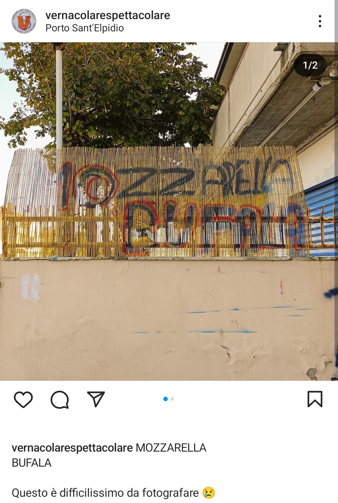 A Porto Sant'Elipidio, nelle Marche, qualcuno ha segnalato così la possibilità di acquistare mozzarella di bufala. Fonte: vernacolarespettacolare - Instagram