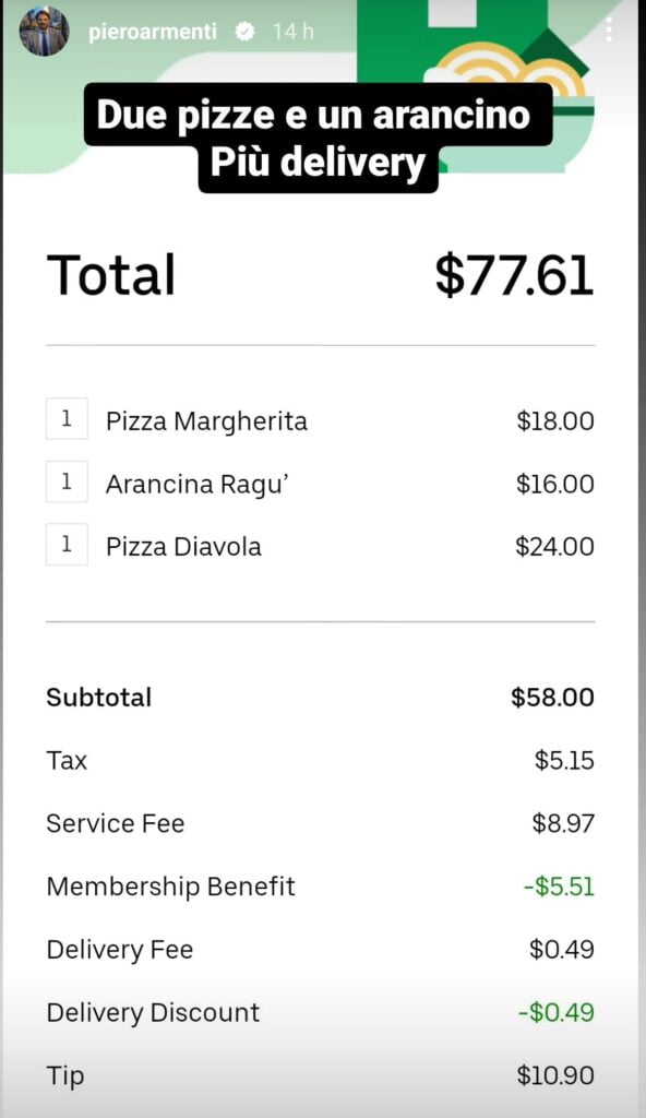 Piero Armenti mostra lo scontrino (elettronico) di un ordine a domicilio a New York. Fonte: pieroarmenti - TikTok