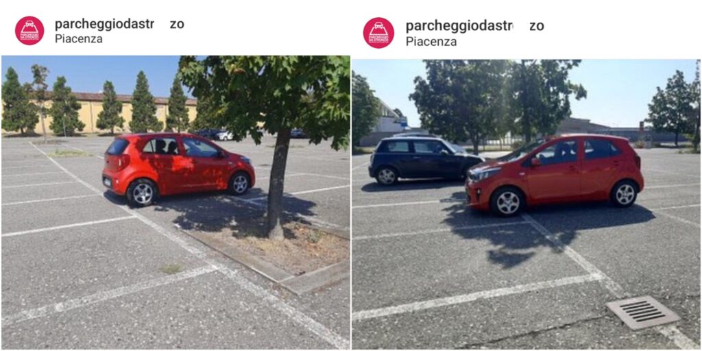 Il parcheggio selvaggio (ma geniale) a Piacenza. Fonte: parcheggiodastro**o - Instagram