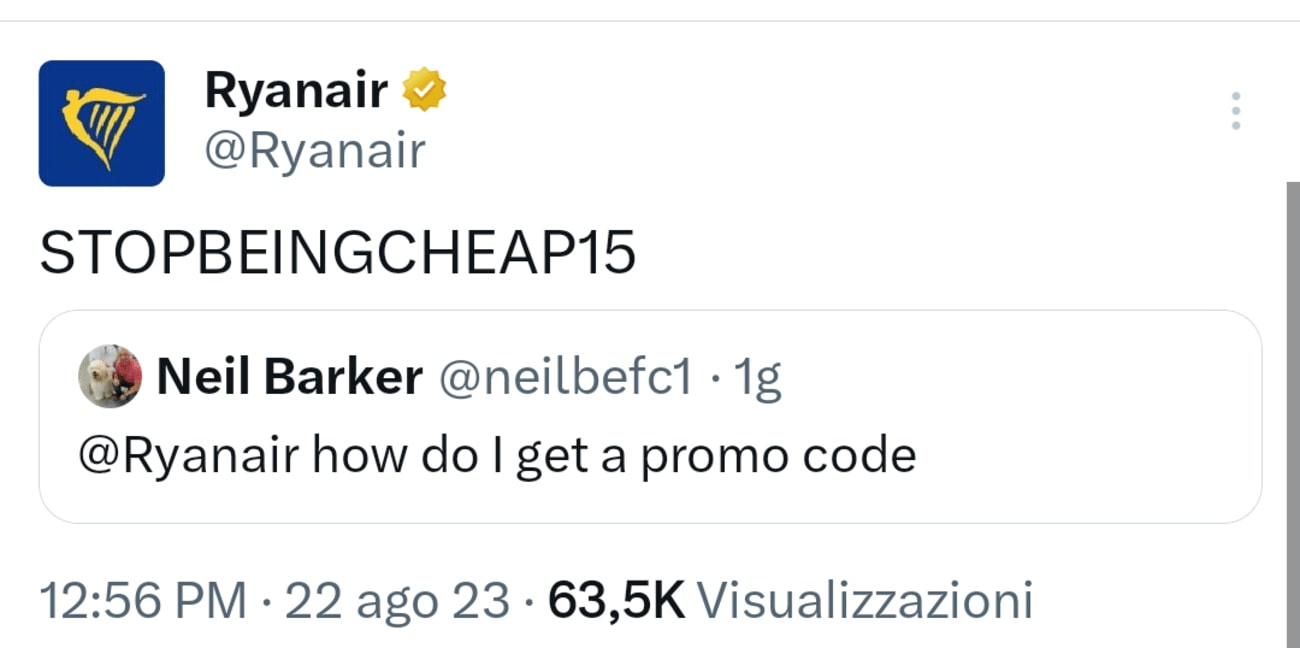 Un utente di Twitter ha chiesto un codice sconto a Ryanair, che ha risposto così.