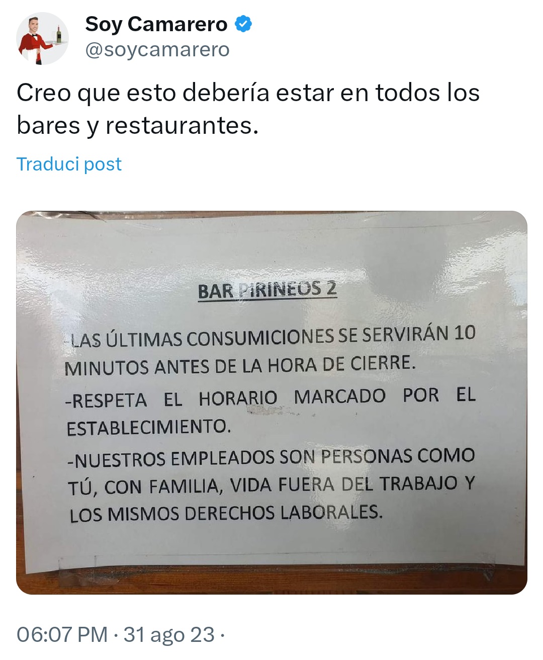 Il cartello del bar diventato virale che chiede rispetto per i lavoratori. Fonte: Soycamarero - Twitter