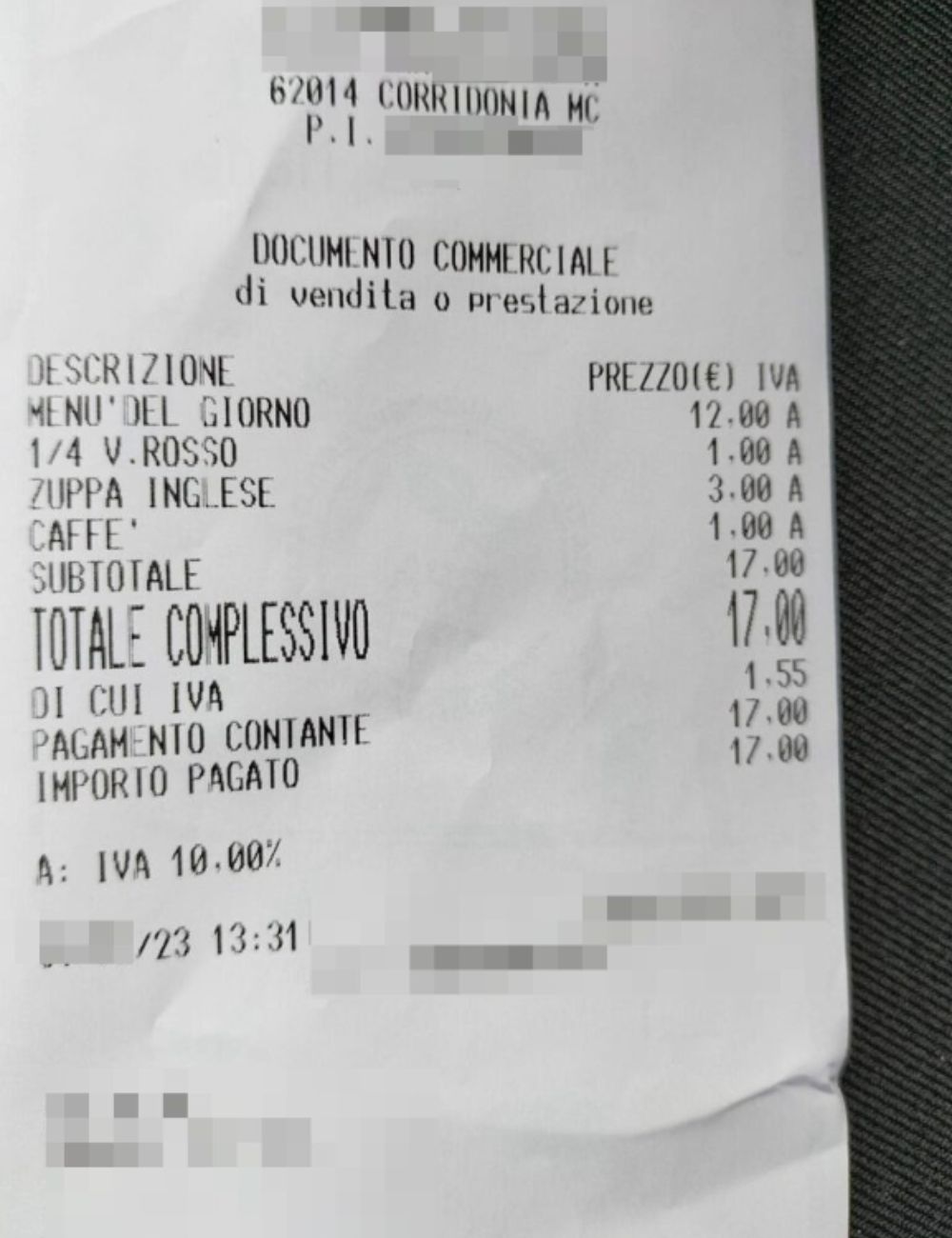 Marche, va al ristorante a Corridonia e pubblica lo scontrino: "Ecco quanto si spende per un pasto completo"