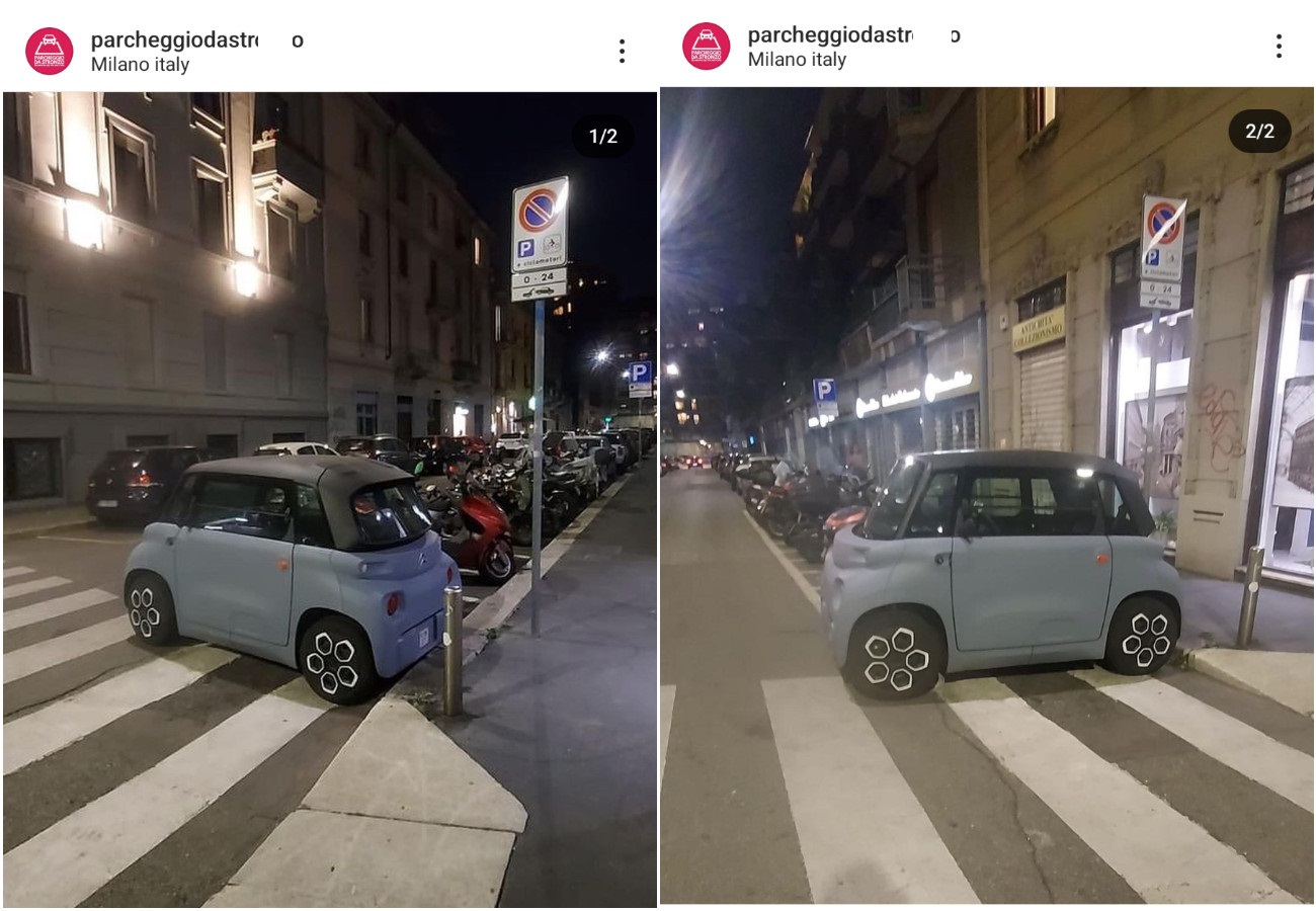 A Milano, un'auto elettrica di piccole dimensioni ha parcheggiato negli stalli riservati agli scooter. Fonte: parcheggiodastro**o - Instagram