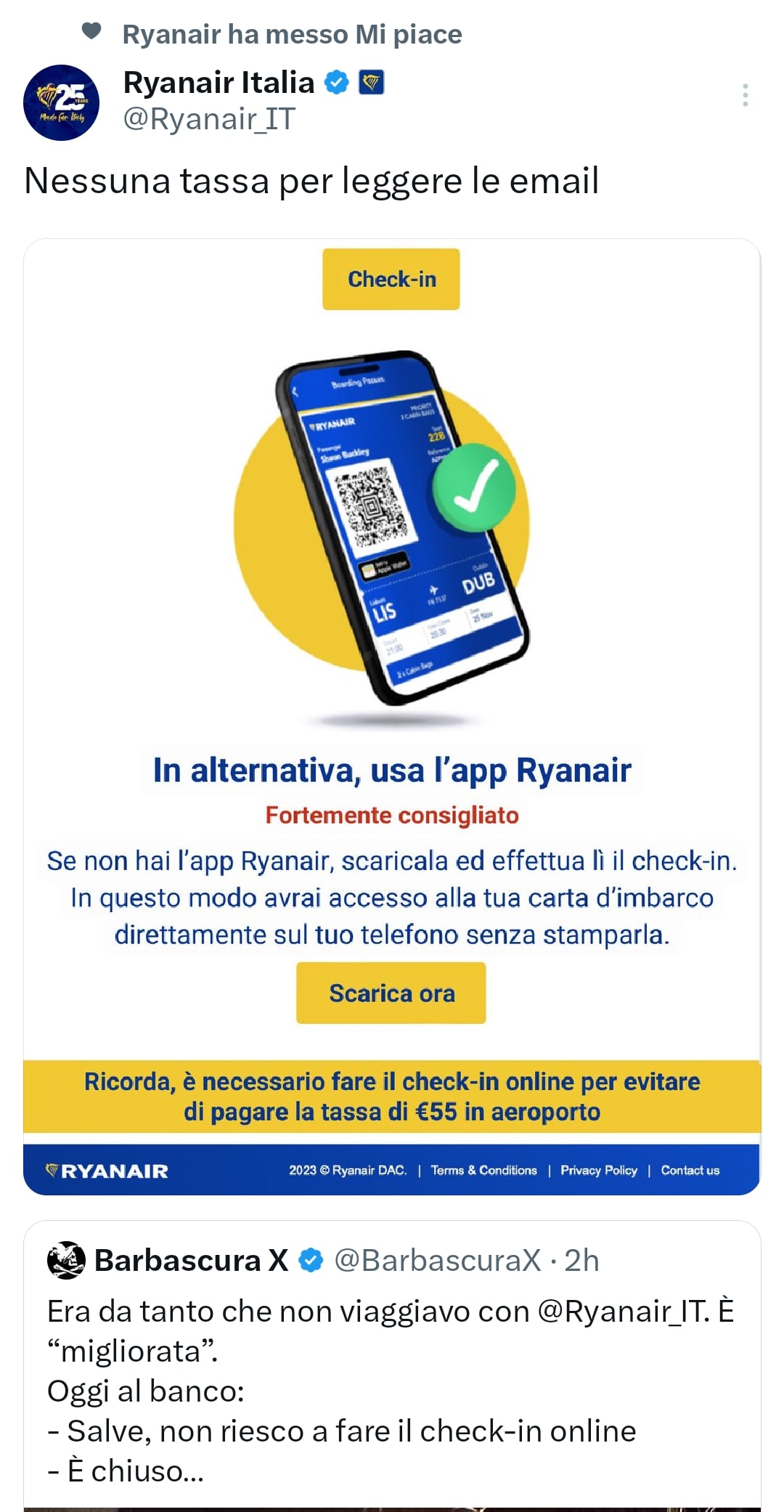 La risposta di Ryanair a Barbascura X, su X.com (in passato conosciuto come Twitter).