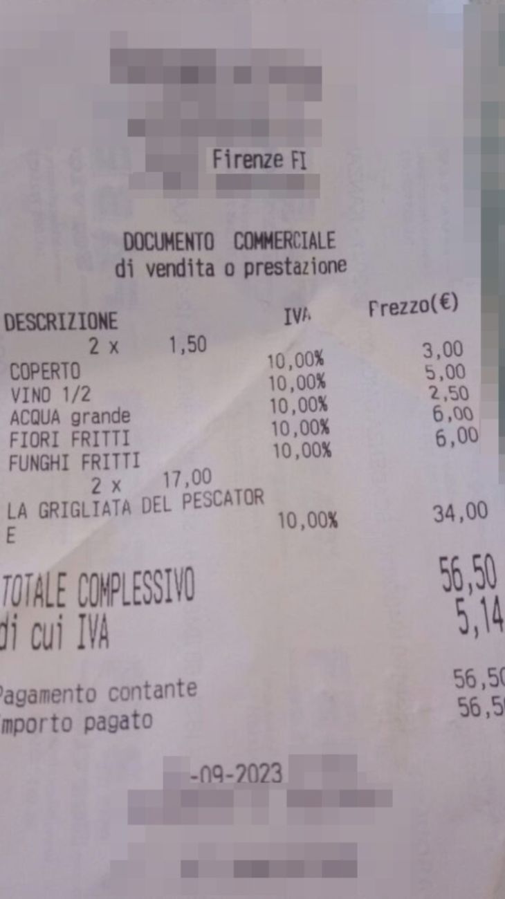 Toscana, va al ristorante a Firenze e mostra lo scontrino: "Ecco il menù e i prezzi per due persone"