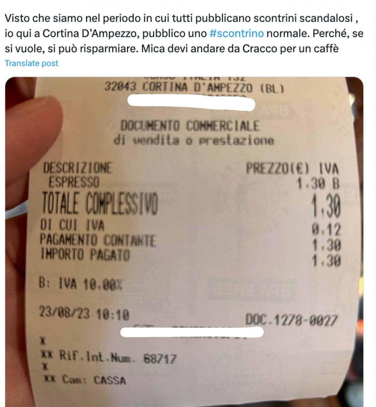 Veneto, prende un caffè al bar e mostra quanto ha speso: "Visto che ...