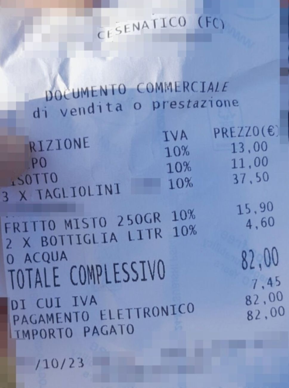Emilia Romagna, prendono polpo, quattro primi di pesce, un fritto misto e acqua: "Ecco lo scontrino del ristorante a Cesenatico"
